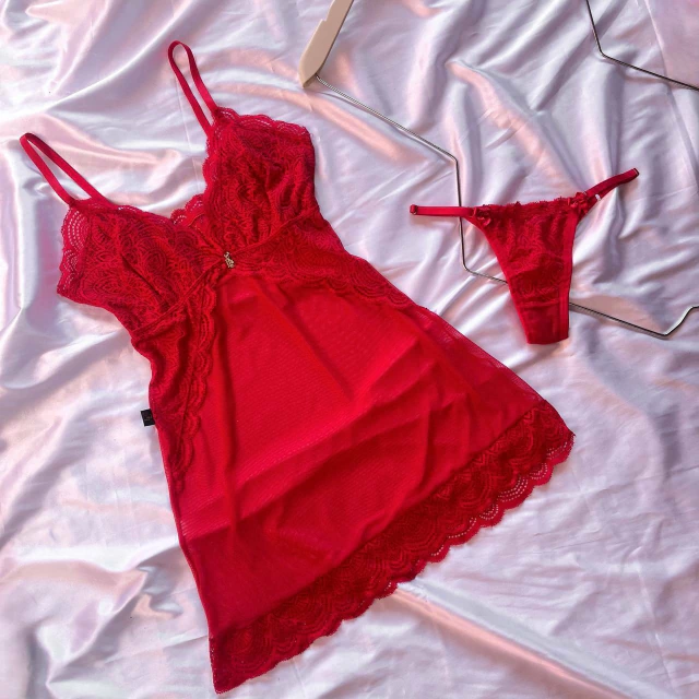 Camisola Luna tule e renda c calcinha semi fio vermelha tam GG