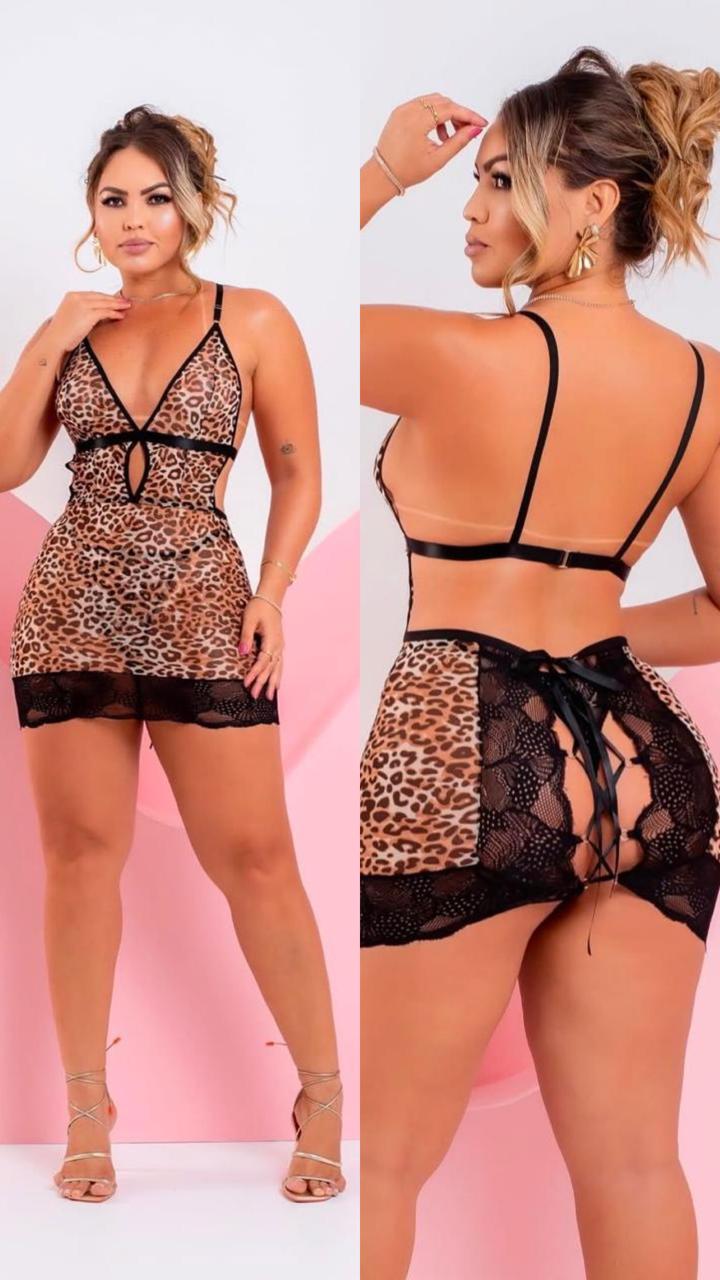 Vestido Luxo com Calcinha Ajustável Renda em Onça