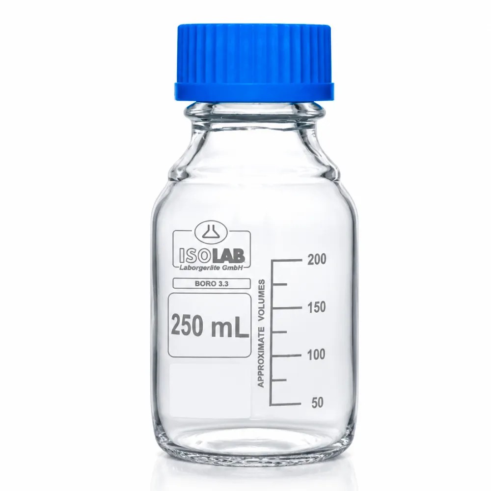 Frasco 250ml Vidrio con Tapa Azul Graduado Boro 3.3 - ISOLAB | Stock: 1000 - SAP: 022030017