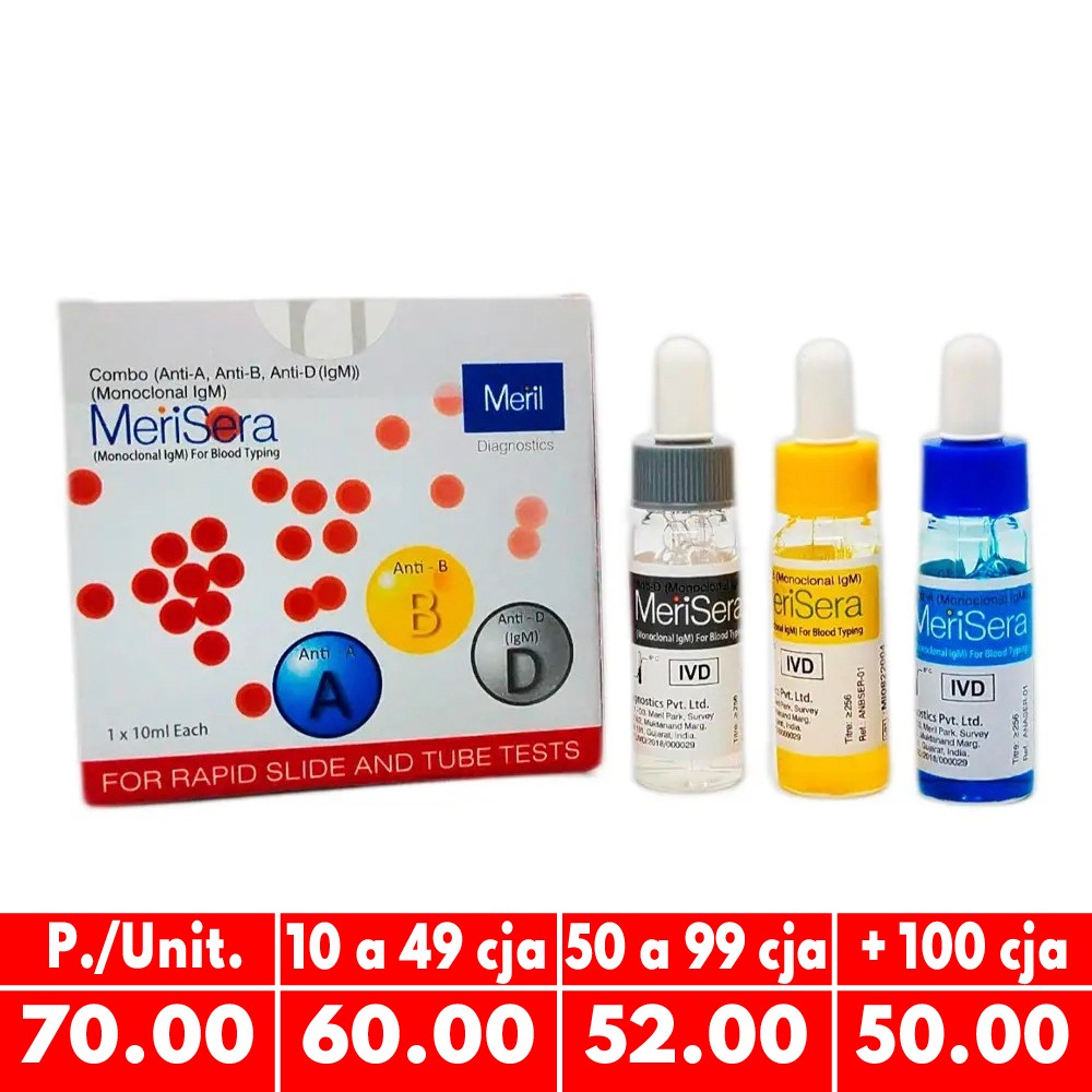 KIT Grupo Sanguíneo X 10ML (Anti A, B, D) (2a8ºC) - MERIL | Stock: 1959 - SAP:142010001
