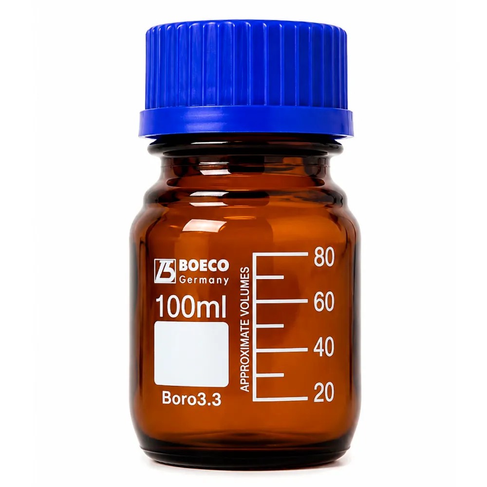 Frasco 100ml Vidrio Ambar con Tapa Azul Graduado Boro 3.3 - BOECO | Stock: 1000 - SAP: 187030017