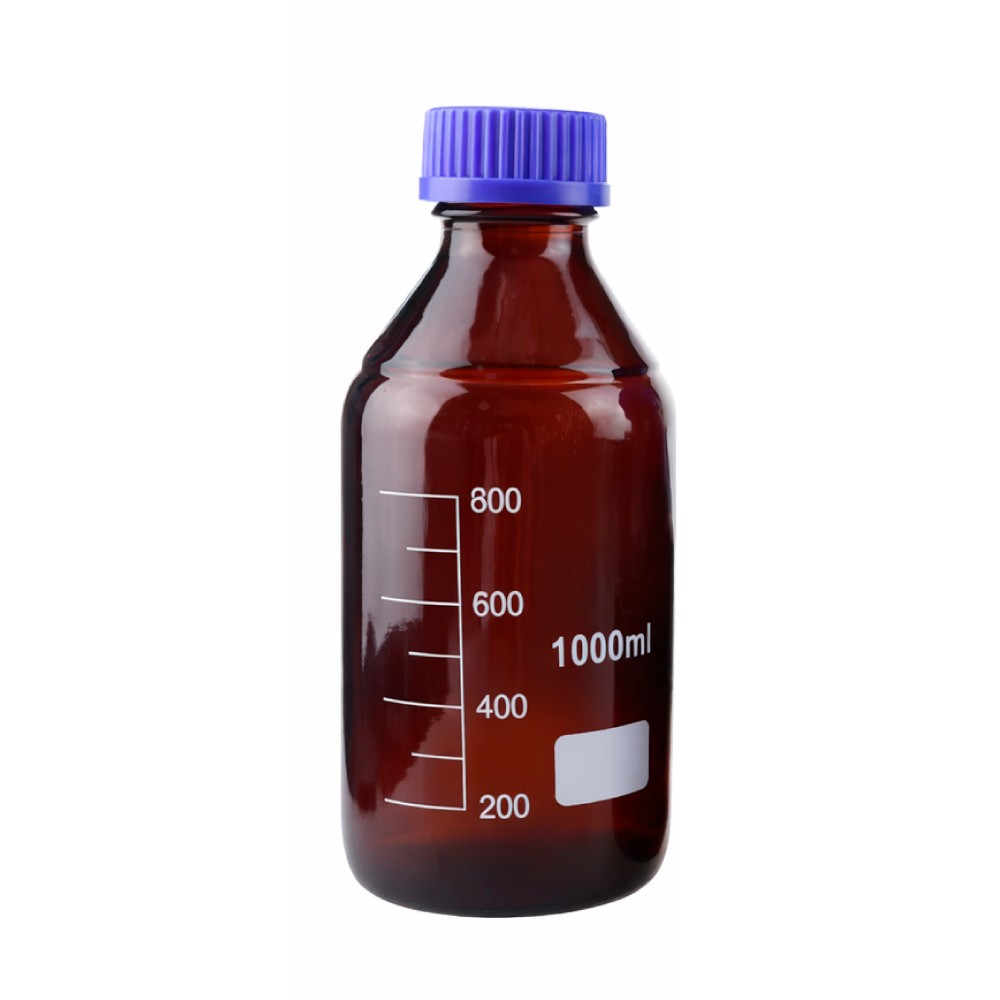 Frasco 1000ML Vidrio Ambar Con Tapa Azul Graduado Boro 3.3 - CHINA | Stock: 500 - SAP: 204130010