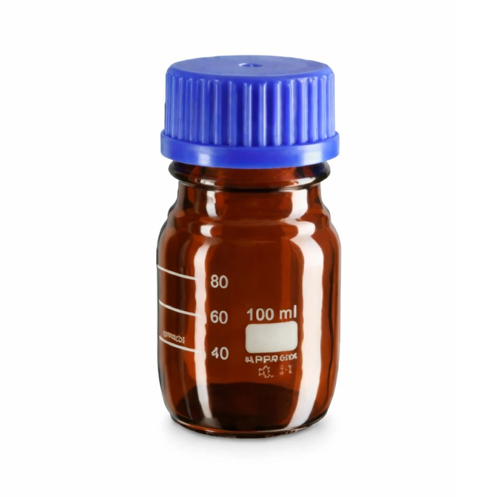 Frasco 100ML Vidrio Ámbar Con Tapa Azul Graduado Boro 3.3 - CHINA | Stock: 500 - SAP: 204130032