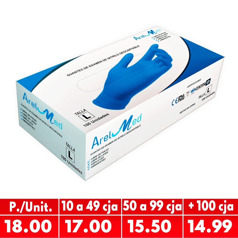 Guantes de Nitrilo Azul Talla "L" Caja x 100 Unds - ARELMED | Stock: 7733 - Vto. 01/05/27 - SAP: 319030003