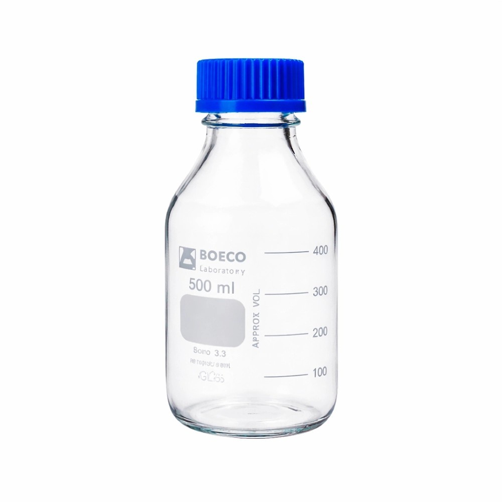 Frasco 500ML Vidrio Con Tapa Azul Graduado Boro 3.3 - BOECO. | Stock: 500 - SAP: 363030005
