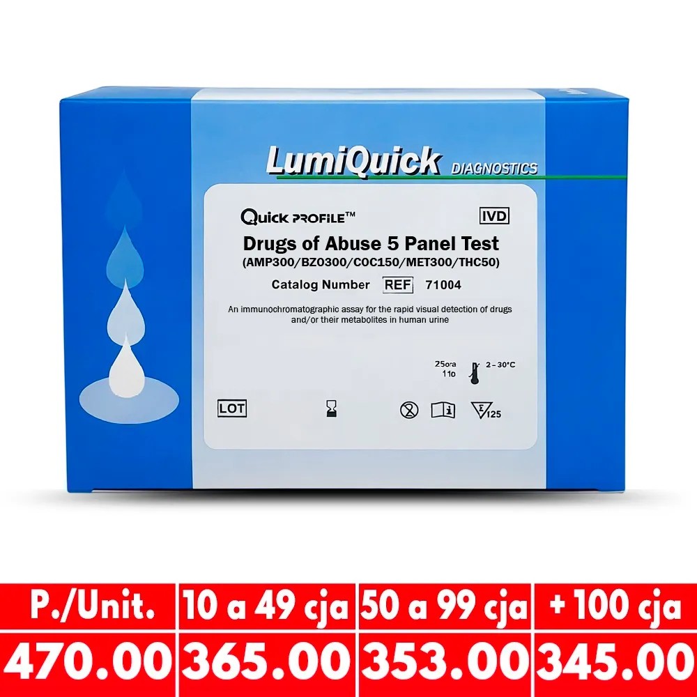 Droga 5 Paneles X 25 Test Rapid Test Cassette (Amp/Bzo/Coc/Thc/Met) - LUMIQUICK | Stock: 61 - Vto. 19/05/27 - SAP: 226020020