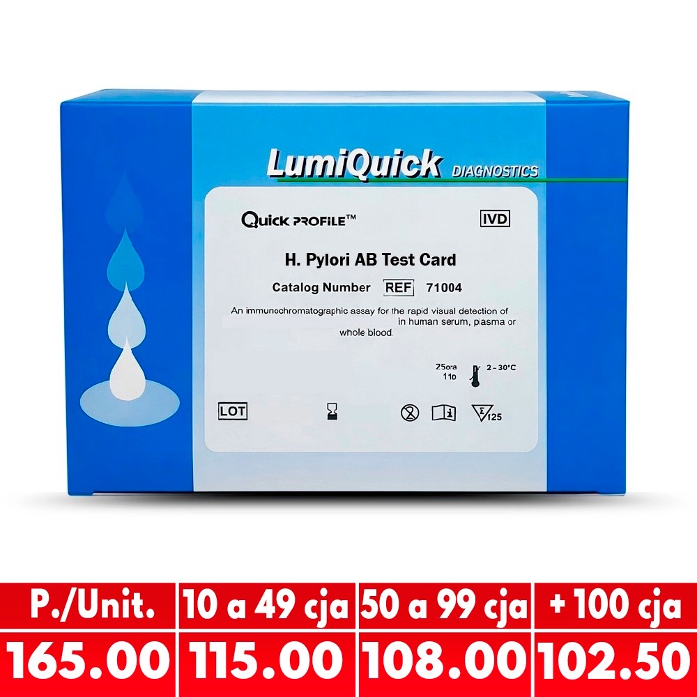 Helicobacter Pylori X 25 Test (Anticuerpo AB)- sangre total,suero,plasma)  Rapid Test Cassette - LUMIQUICK | Stock: 327 - Vto. 08/07/27 - SAP: 226020006