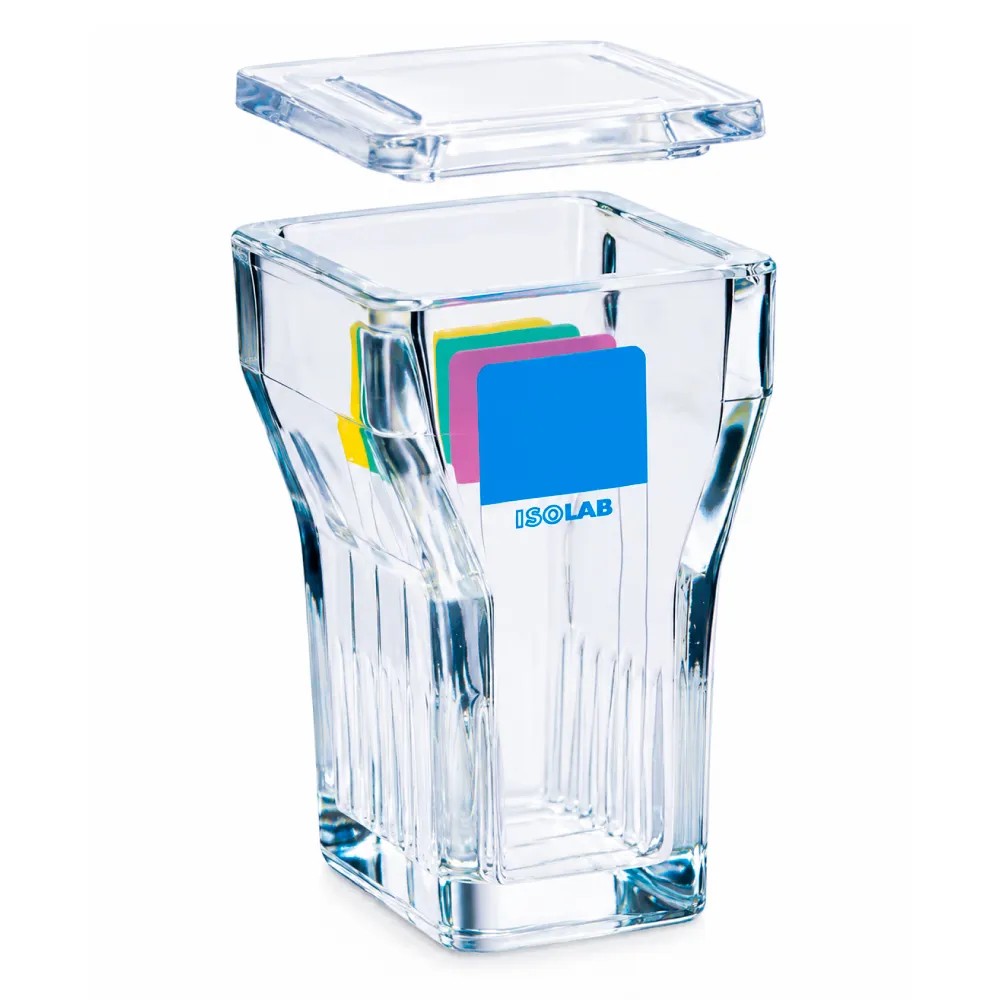 Coplin de Vidrio con Tapa para 16 Laminas Porta Objeto - ISOLAB | Stock: 100 - SAP: 022030018