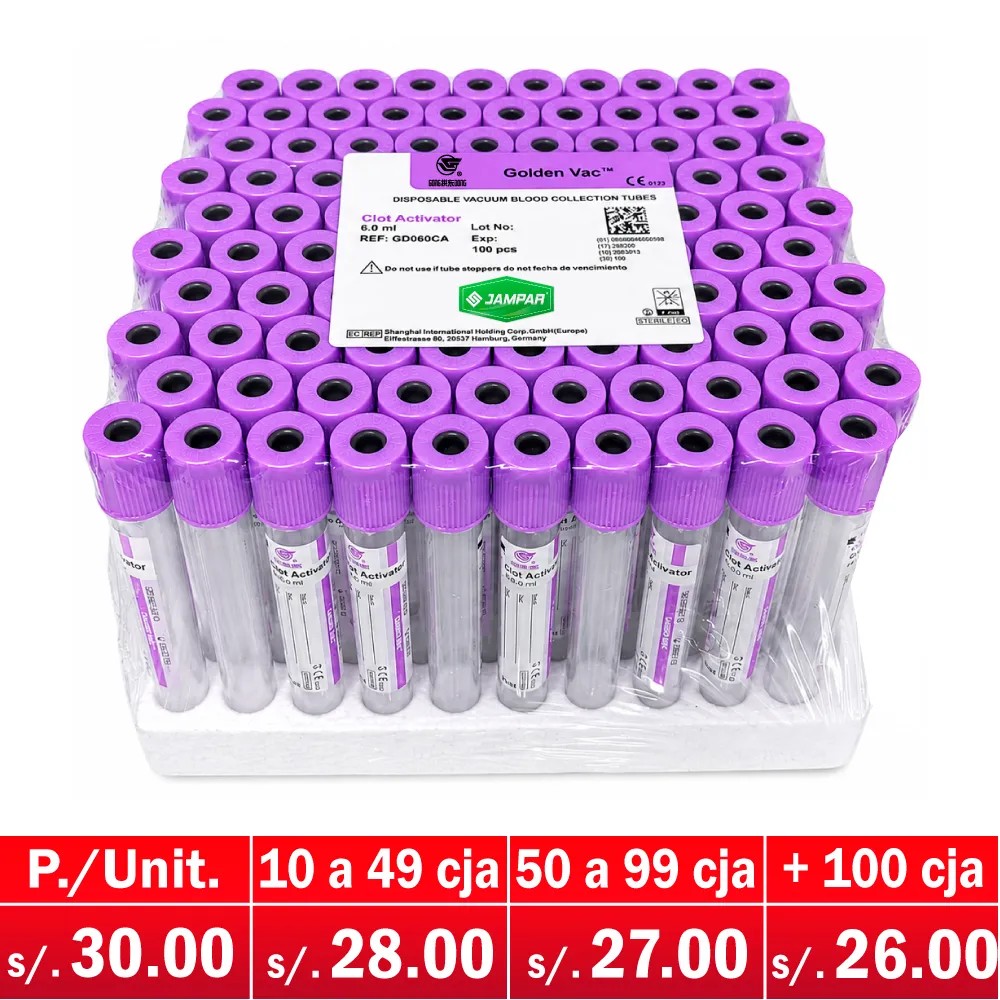 Tubo Tapa Lila 3ML 13x75MM Con EDTA K2 X 100 Unds - GOLDEN VAC | Stock: 2000 - Vto. 28/02/28 - SAP: 171020002