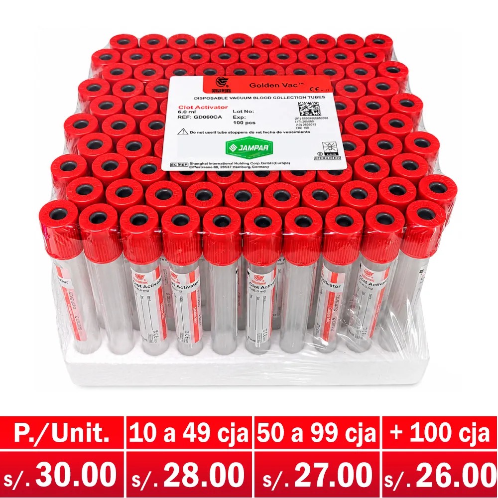 Tubo Tapa Roja 6ML 13x100MM Con Activador de Coagulación X 100 Unds - GOLDEN VAC | Stock: 2000 - Vto. 28/02/28 - SAP: 171020003