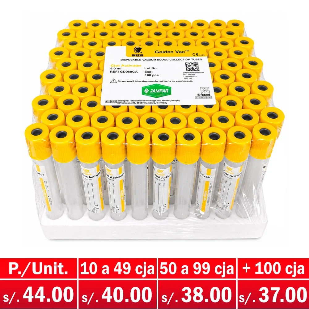 Tubo Tapa Amarillo Con Gel 5ML 13X100MM X 100 Unds - GOLDEN VAC | Stock: 2000 - Vto. 30/11/27 - SAP: 171020004