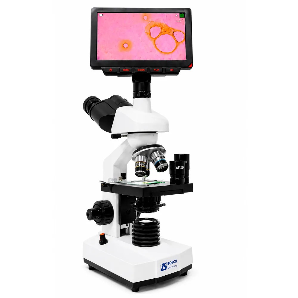 Microscopio Trinocular Luz LED Acromatico 4x, 10x, 40x,100x C/Pantalla LCD 7″ Pulgadas - BOECO | Stock: 5 - SAP: 187020007