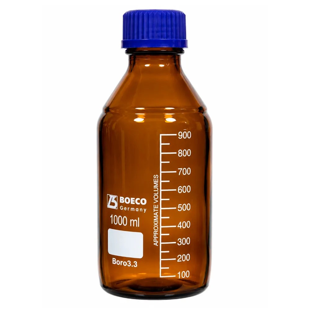 Frasco 1000ml Vidrio Ambar con Tapa Azul Graduado Boro 3.3 - BOECO | Stock: 1000 - SAP: 187030011
