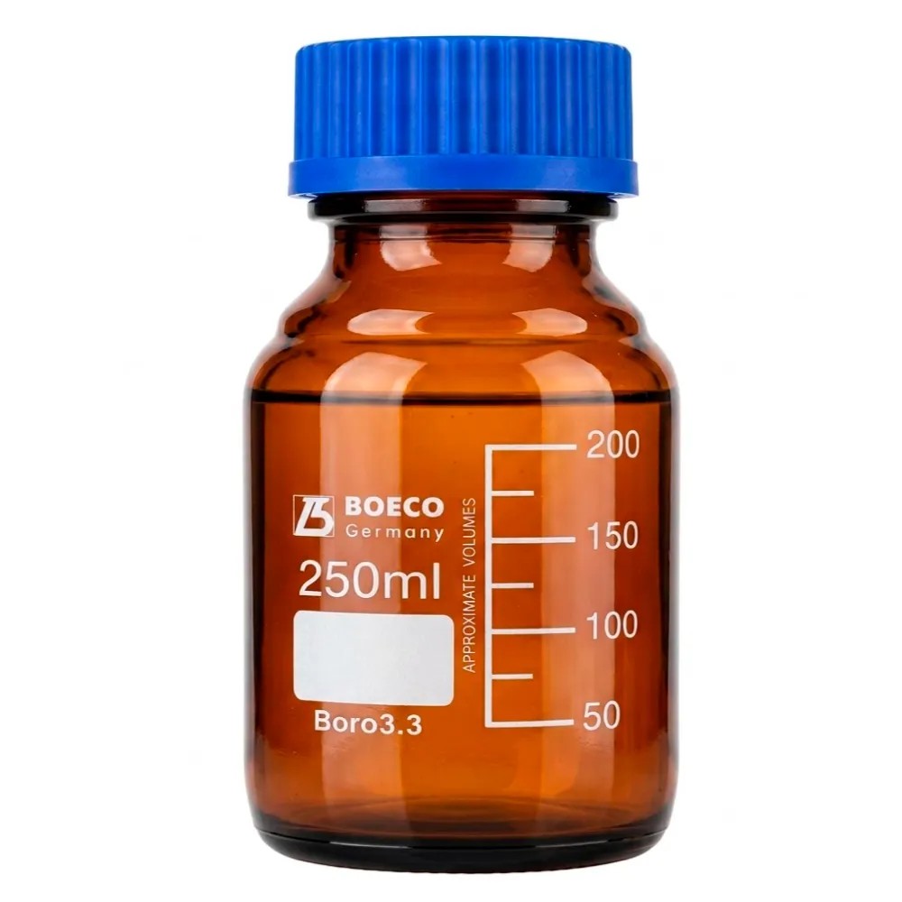 Frasco 250ml Vidrio Ambar con Tapa Azul Graduado Boro 3.4 - BOECO | Stock: 1000 - SAP: 187030018