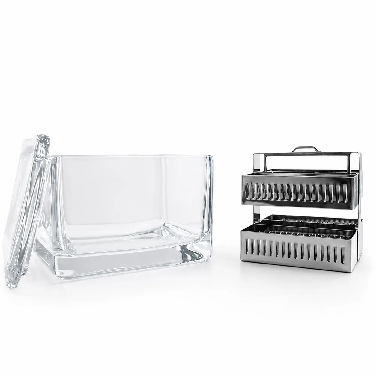 Cubeta Vidrio con Tapa para 30 Laminas Porta Objeto con Gradilla de Metal - CHINA | Stock: 100 - SAP: 204030756