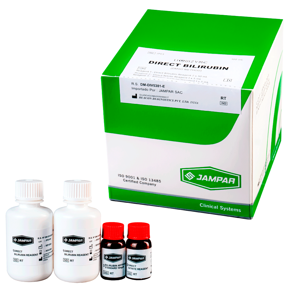 Bilirrubina Directa X100Ml Dmso (R1-2X50Ml, R2-1X5Ml + Estándar 1X5Ml) - JAMPAR | Stock: 8 - SAP: 261010003
