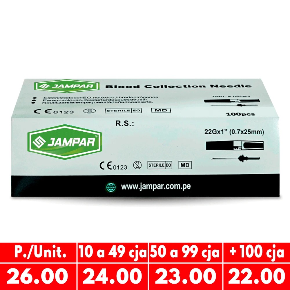 Aguja para Extracción al Vacío 22Gx 1" Caja x 100 Und - JAMPAR/BERPU | Stock: 511 - SAP: 262020002