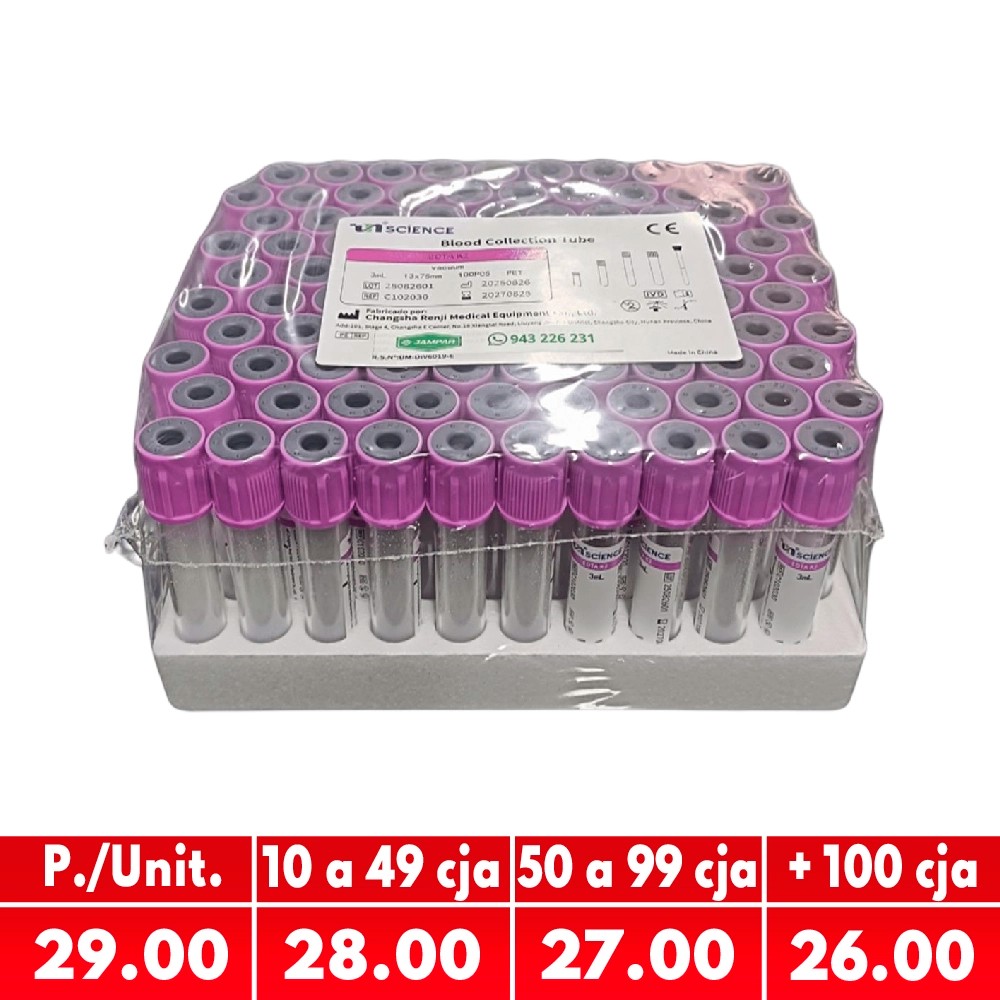 Tubo Tapa Lila 3ML 13x75MM Con EDTA K2 X 100 Unds - UNSCIENCE | Stock: 0 - SAP: 347030001