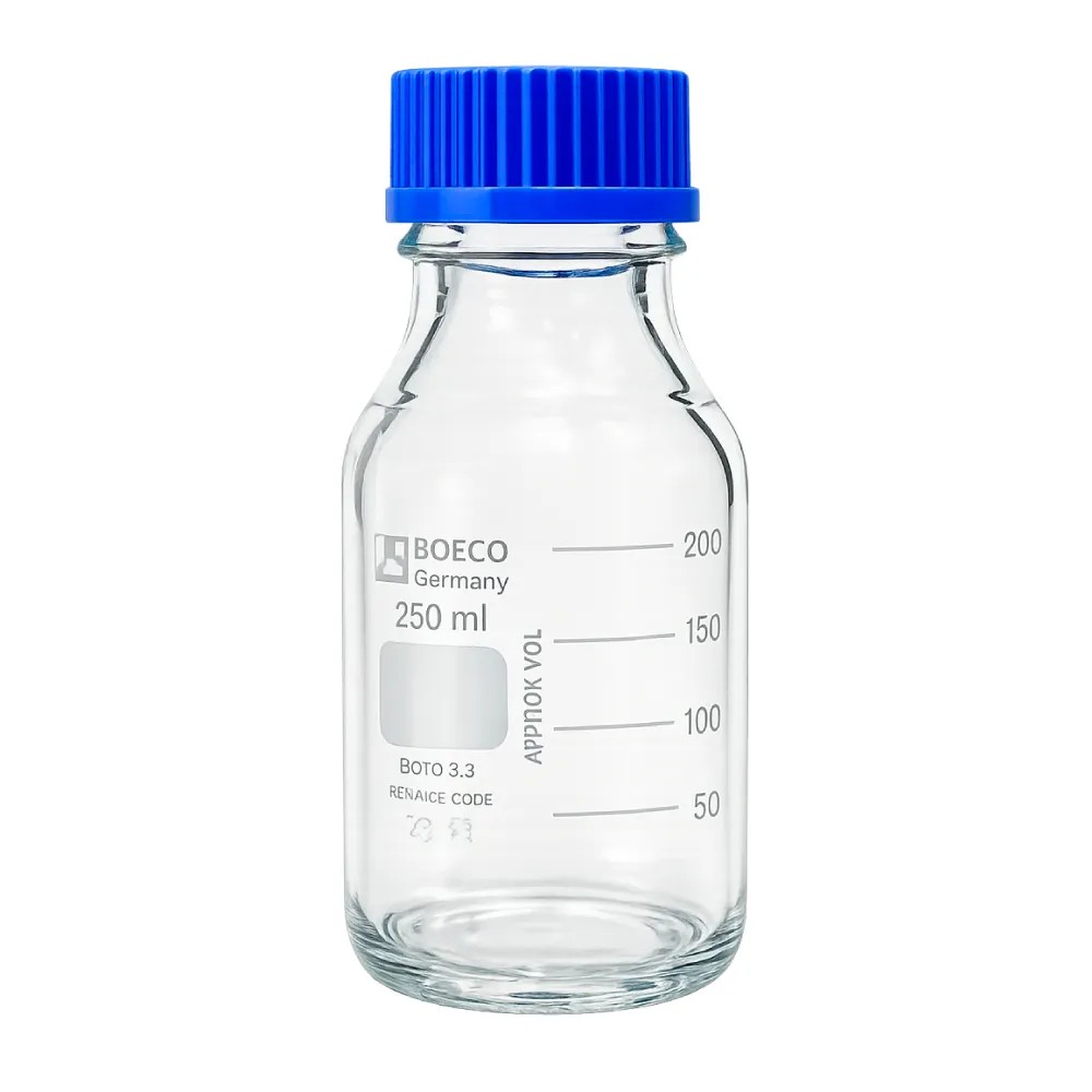 Frasco 250ml Vidrio con Tapa Azul Graduado Boro 3.3 - BOECO. | Stock: 500 - SAP: 363030004