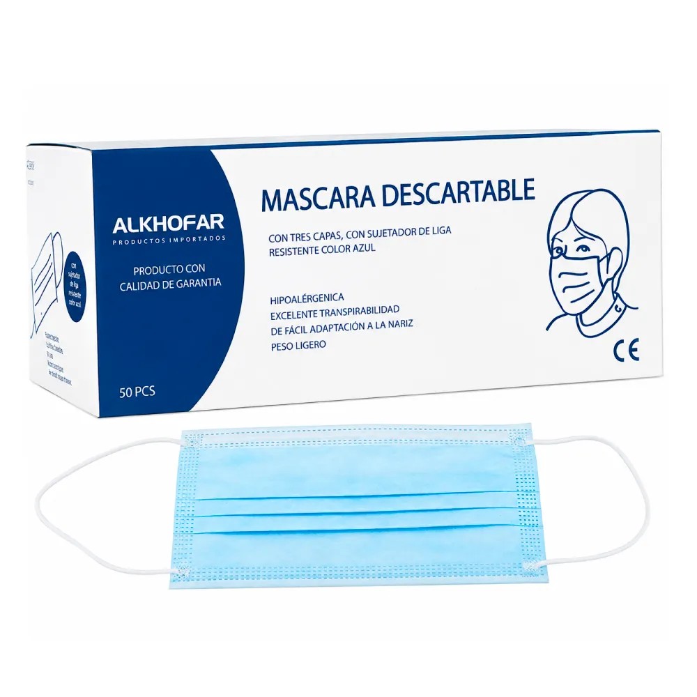 Mascarilla de 3 Pliegues Celeste para Adulto Caja x 50 Unidades - ALKHOFAR | Stock: 1000 - SAP: 427030001