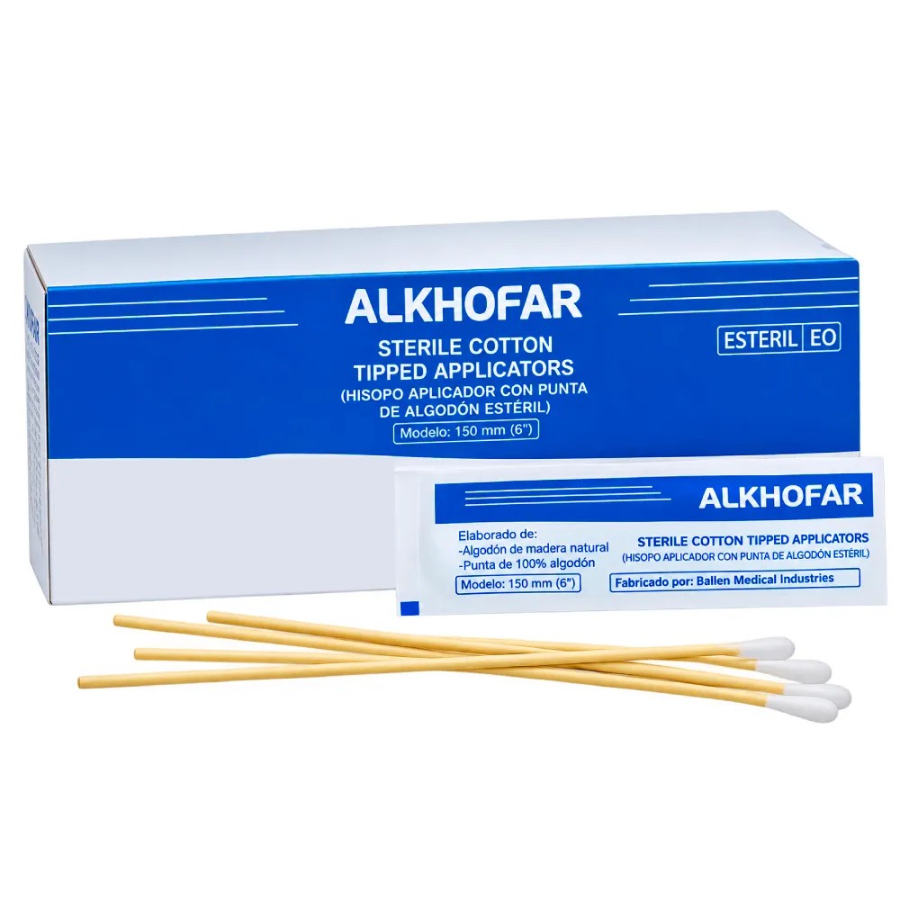 Hisopos Aplicado con Punta de Algodón Esteriles Individualmente 6" X 100 UNDS - ALKHOFAR | Stock: 1000 - SAP: 427030002