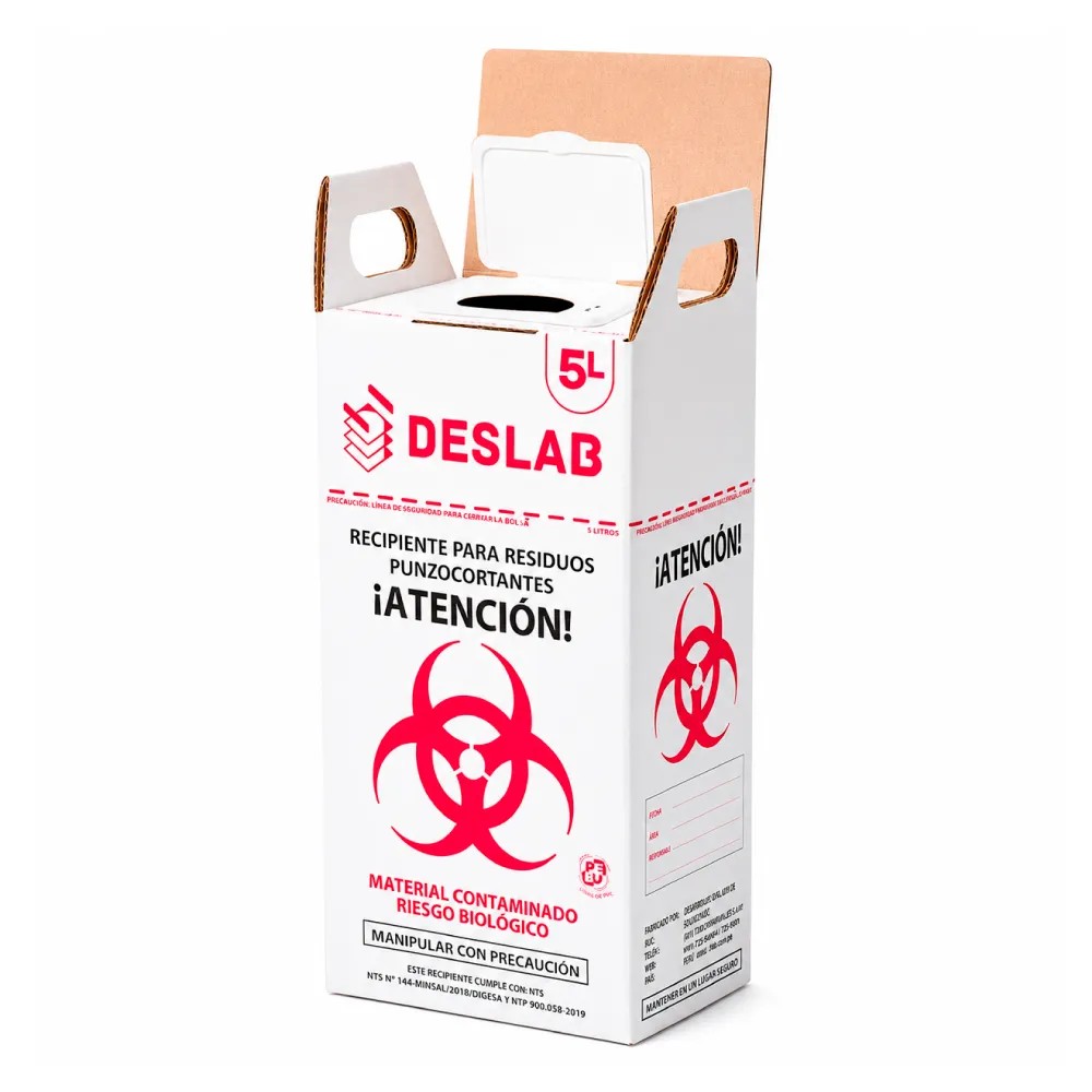 Contenedor Cartón 5 Litros Para Punzocortantes Color Blanco CON DISPOSITIVO - DESLAB | Stock: 100 - SAP: 354030030