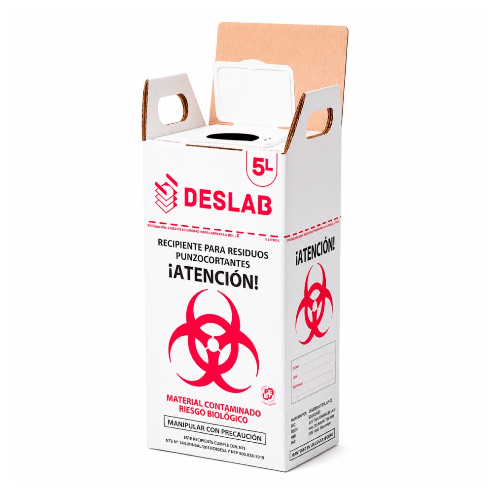 Contenedor Cartón 5 Litros Para Punzocortantes Color Blanco CON DISPOSITIVO - DESLAB | Stock: 100 - SAP: 354030030
