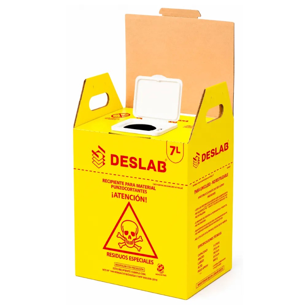 Contenedor Cartón 7 Litros Para Punzocortantes Color Amarillo CON DISPOSITIVO - DESLAB | Stock: 100 - SAP: 354030036