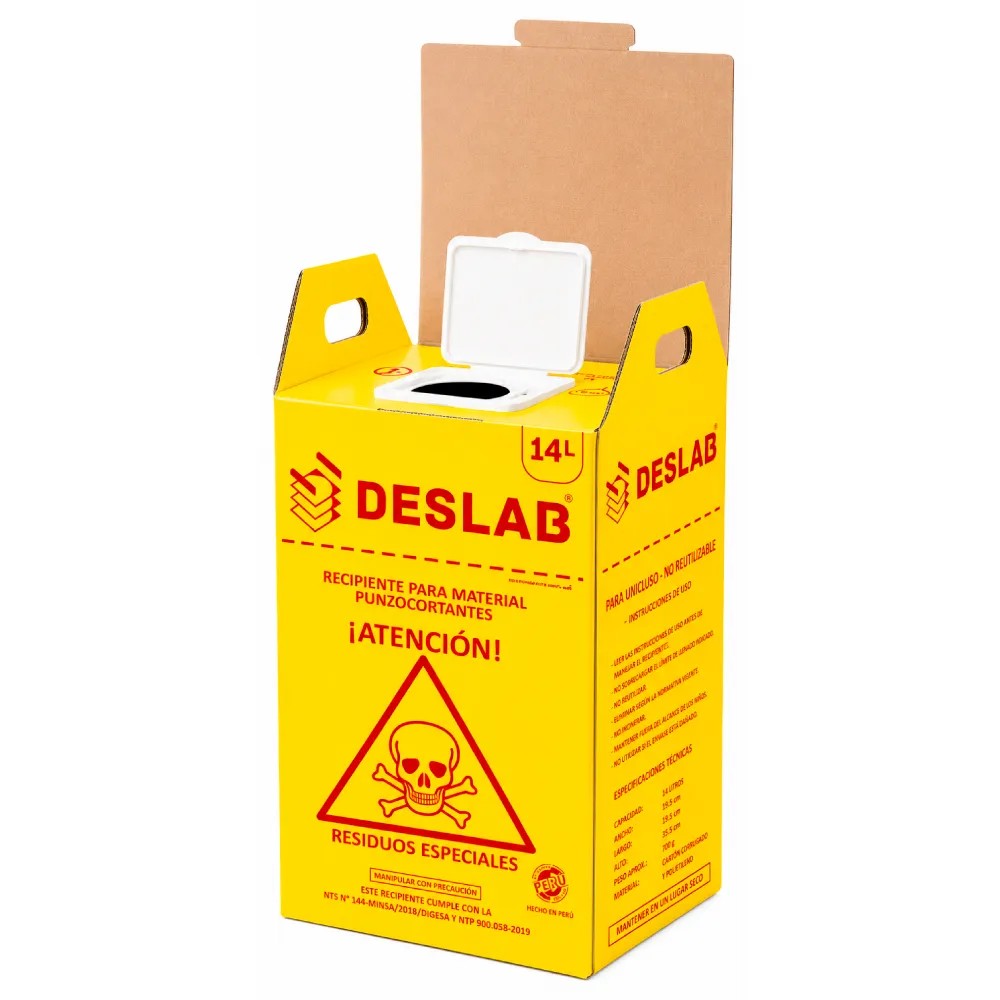 Contenedor Cartón 14 Litros Para Punzocortantes Color Amarillo CON DISPOSITIVO - DESLAB | Stock: 100 - SAP: 354030038