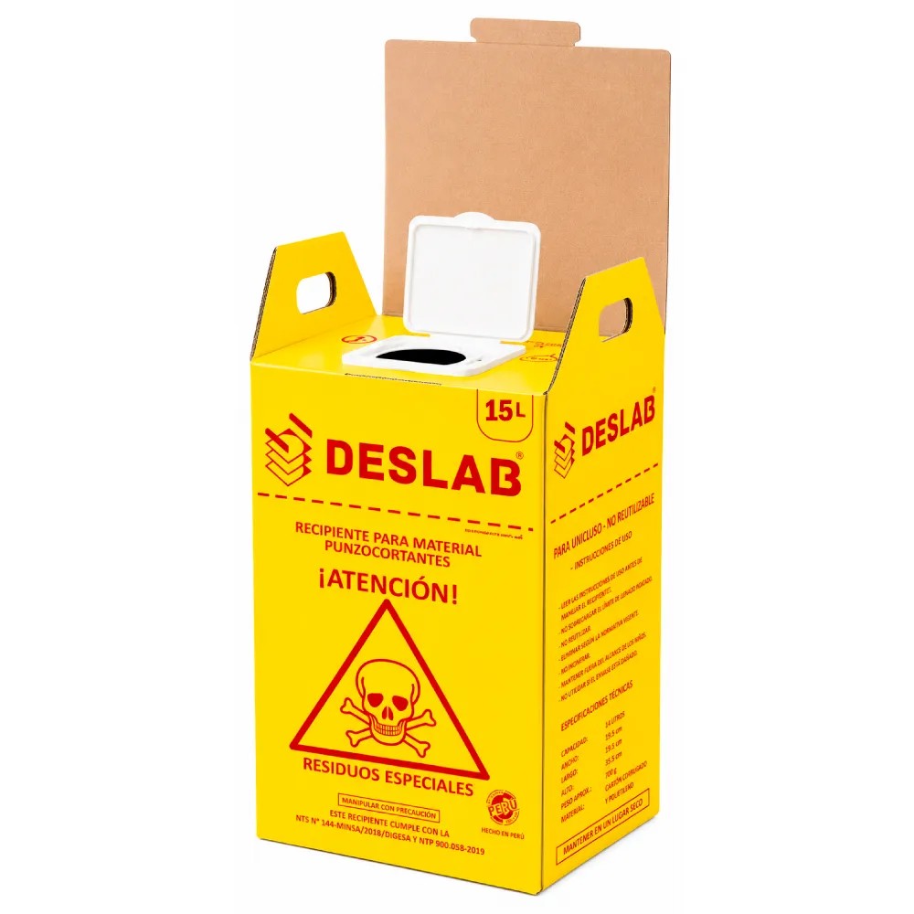 Contenedor Cartón 15 Litros Para Punzocortantes Color Amarillo CON DISPOSITIVO - DESLAB | Stock: 100 - SAP: 354030040