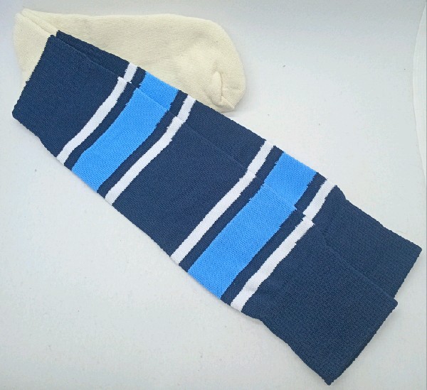 Nylon Rugby /Hockey with Padded Foot - Powder Blue, Navy & White Stripes